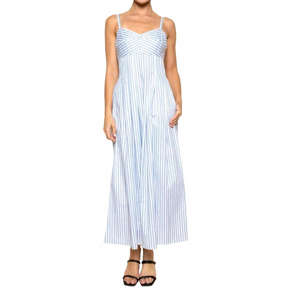 NEW FORE COLLECTION women's striped waist pleat a-line midi dress in blue/white